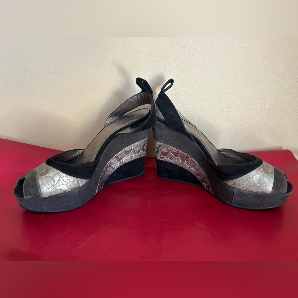 Coach Black and Silver Suede Wedge Sandals - Picture 7 of 13